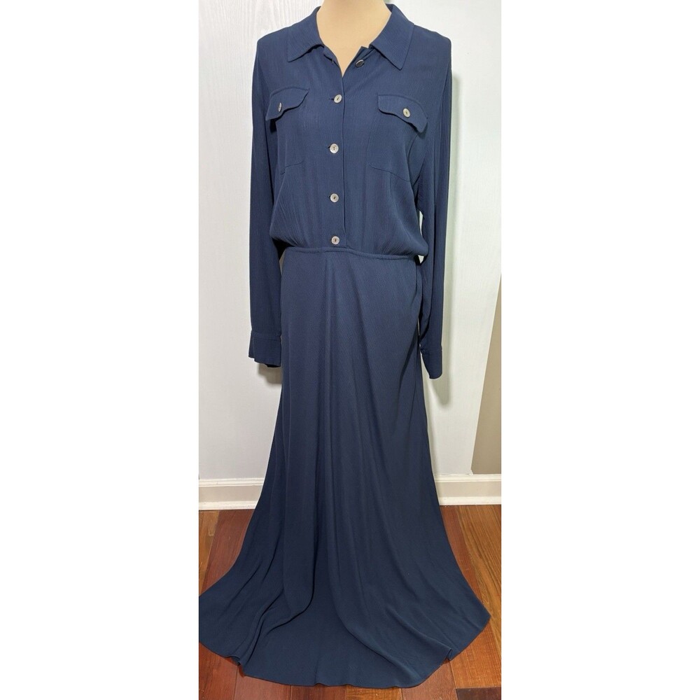 Soft Surroundings Dress Womens Medium Blue Crepe Savanna Maxi Collar Long Sleeve